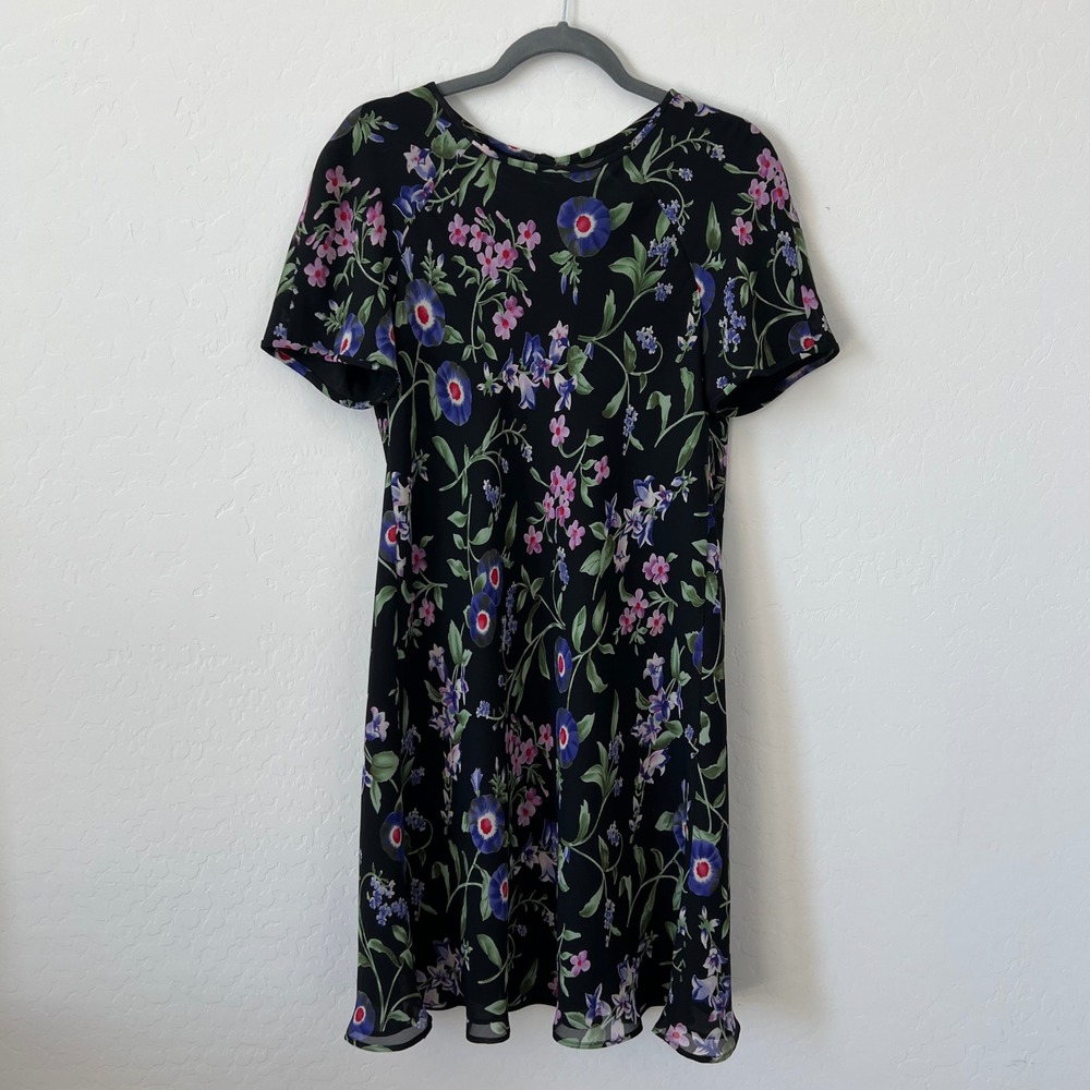 Liz Claiborne Floral Shift Dress Womens 10 Black Short Sleeve Keyhole Back 80s